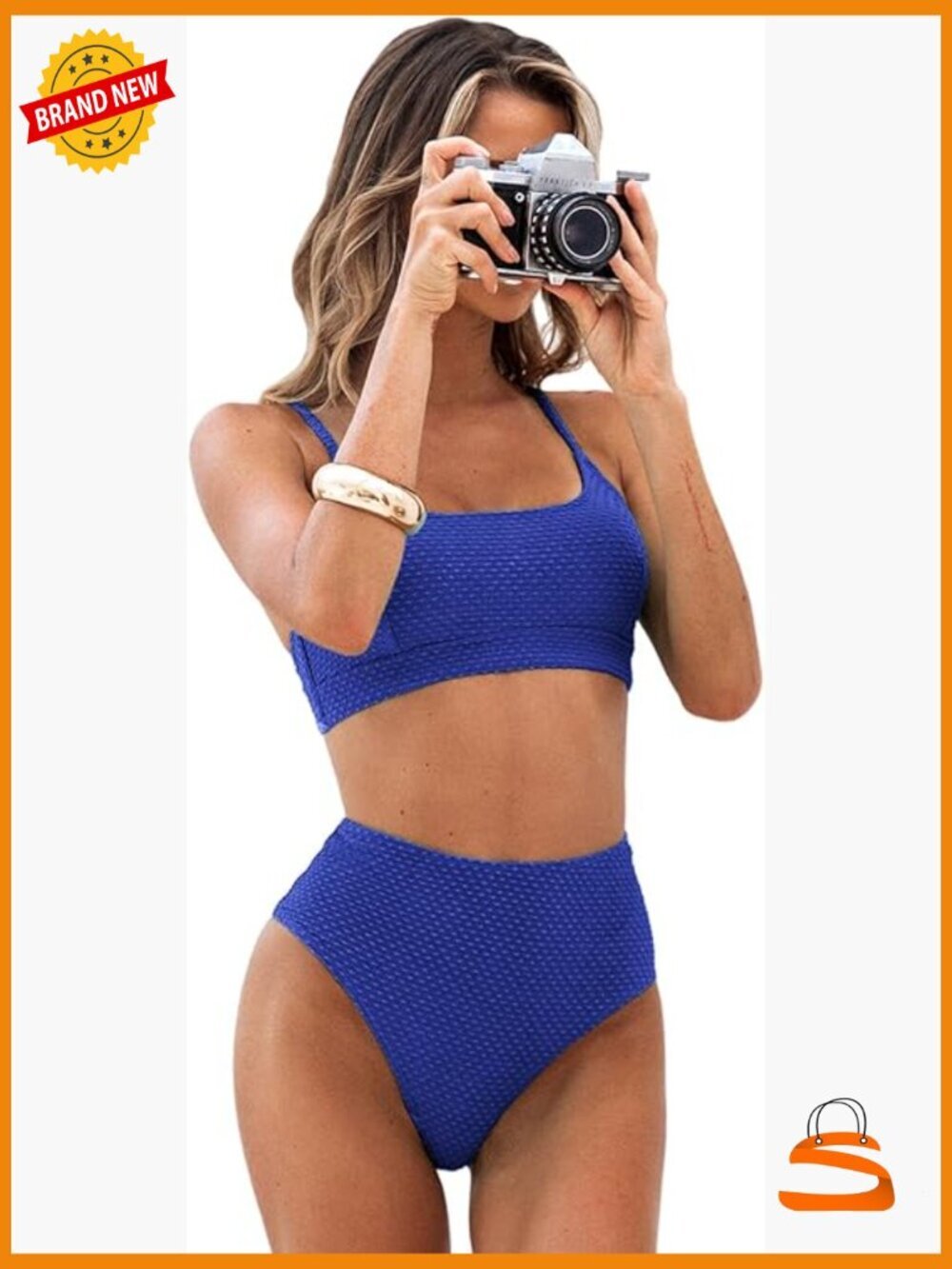 High Waisted Ribbed Texture Bikini Set with Adjustable Straps